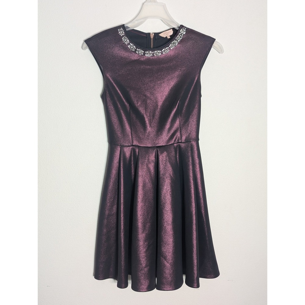 Ted Baker London Womens Dress Purple Metallic Crystal Neck Skater Holiday Size 4